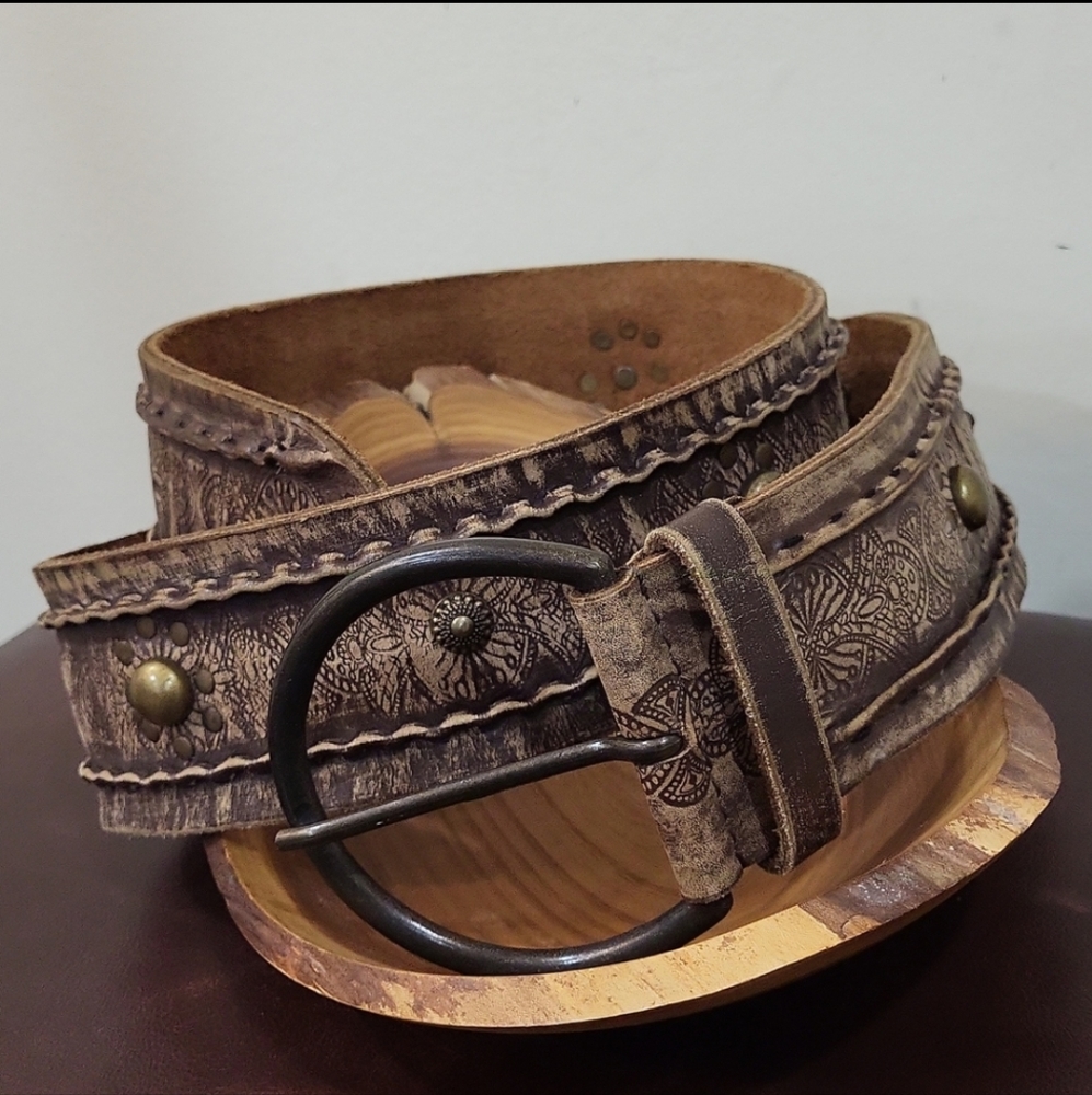 Fossil Genuine Leather Tooled Belt with Stud Embellishments
